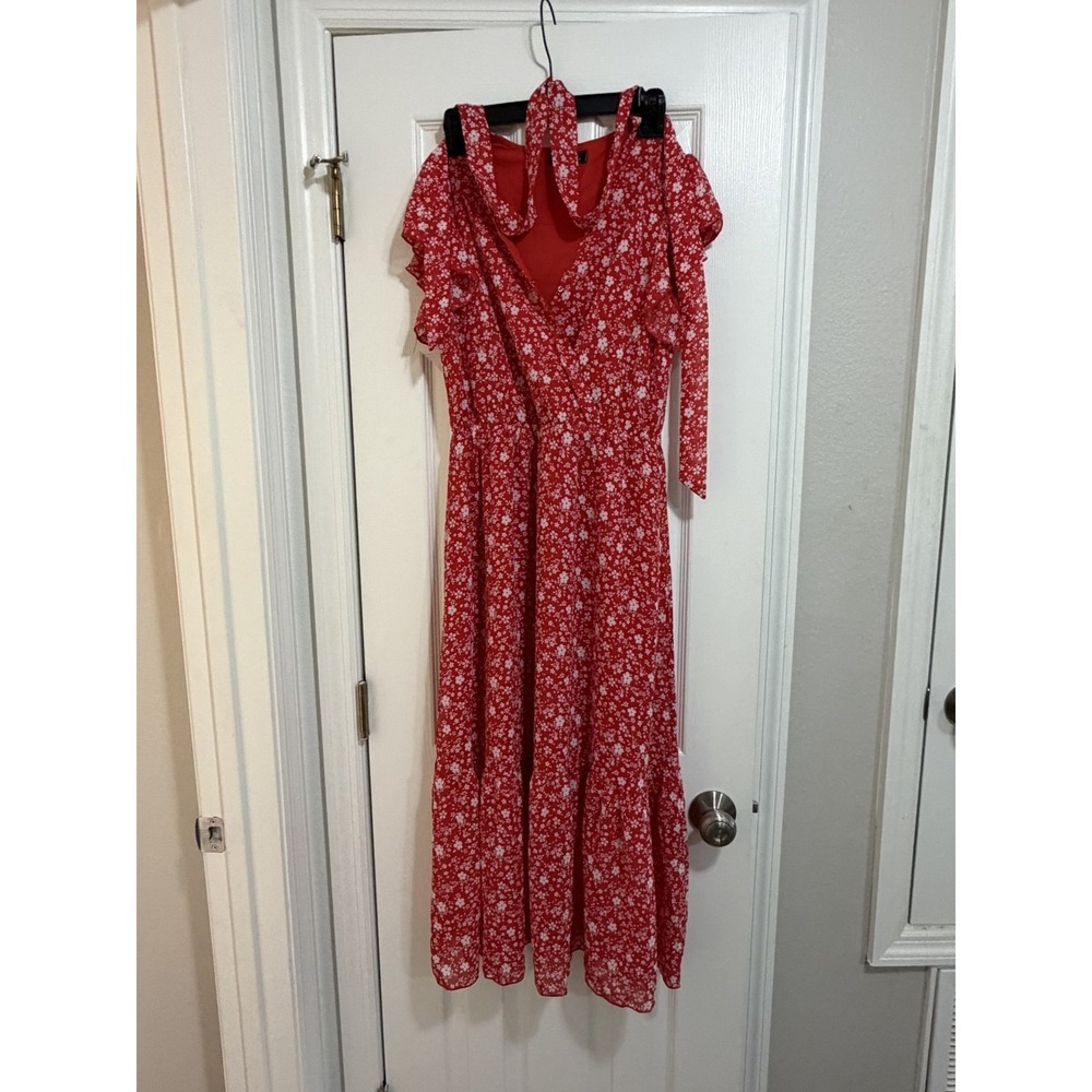 BTFBM Women's Boho Floral Midi Dress Small Red Wrap V Neck Ruffle Summer Dress